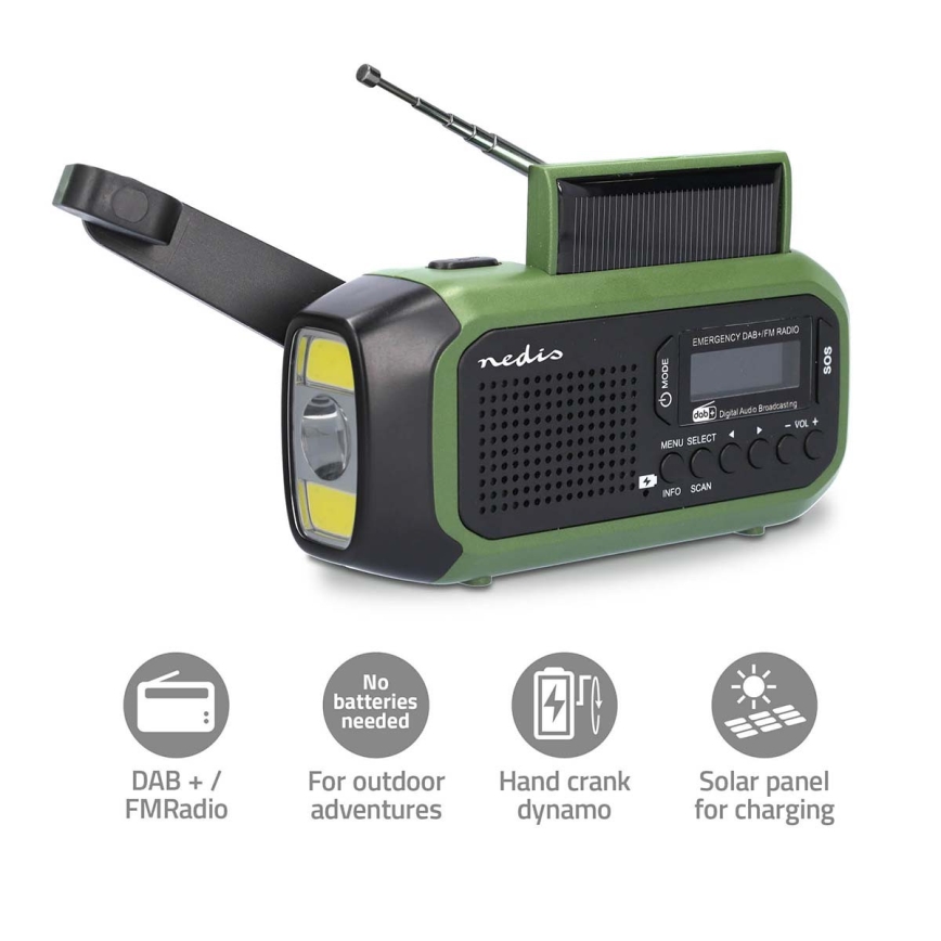 Radio DAB+/FM sa ručnom kurblom, solarnim panelom i LED svetiljkom 5V/2500 mAh zelena/crna