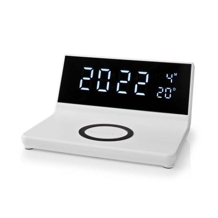 Budilnik sa LCD ekranom i bežičnim punjačem 15W/5V + 1xCR2032 beo