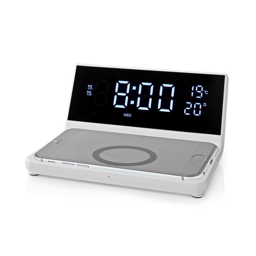 Budilnik sa LCD ekranom i bežičnim punjačem 15W/5V + 1xCR2032 beo