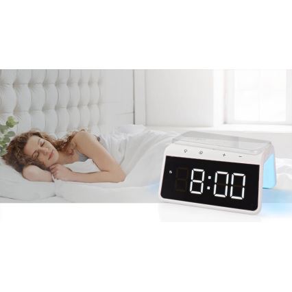 Stoni budilnik sa LCD ekranom i praktičnim bežičnim punjačem 15W/5V, napajanje 1x CR2032, beli