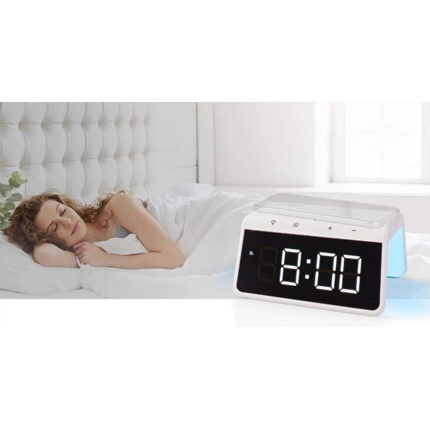 Stoni budilnik sa LCD ekranom i praktičnim bežičnim punjačem 15W/5V, napajanje 1x CR2032, beli