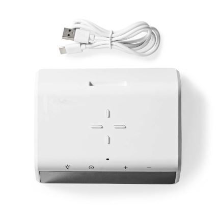 Stoni budilnik sa LCD ekranom i praktičnim bežičnim punjačem 15W/5V, napajanje 1x CR2032, beli