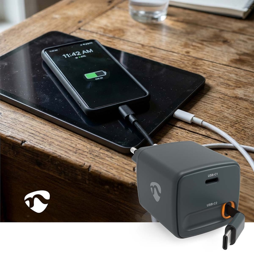 Punjač sa uvlačivim kablom Power Delivery 30W 2xUSB-C crne boje