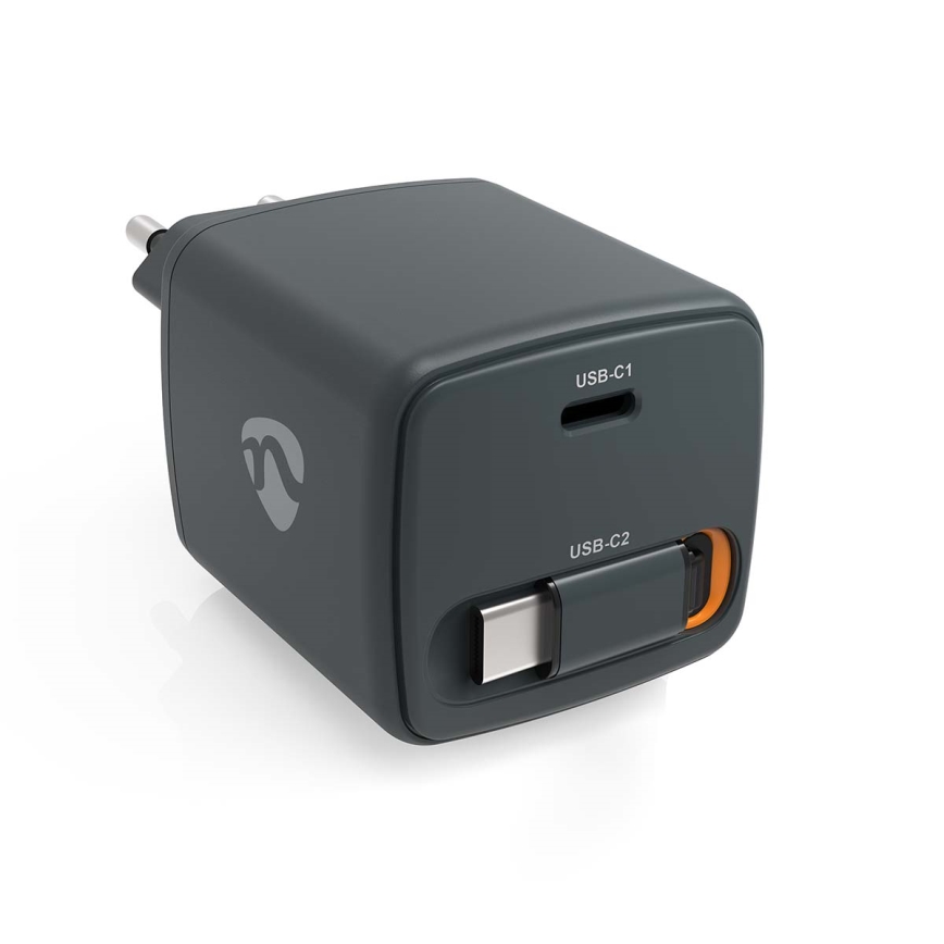 Punjač sa uvlačivim kablom Power Delivery 30W 2xUSB-C crne boje