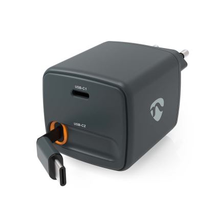 Punjač sa uvlačivim kablom Power Delivery 30W 2xUSB-C crne boje