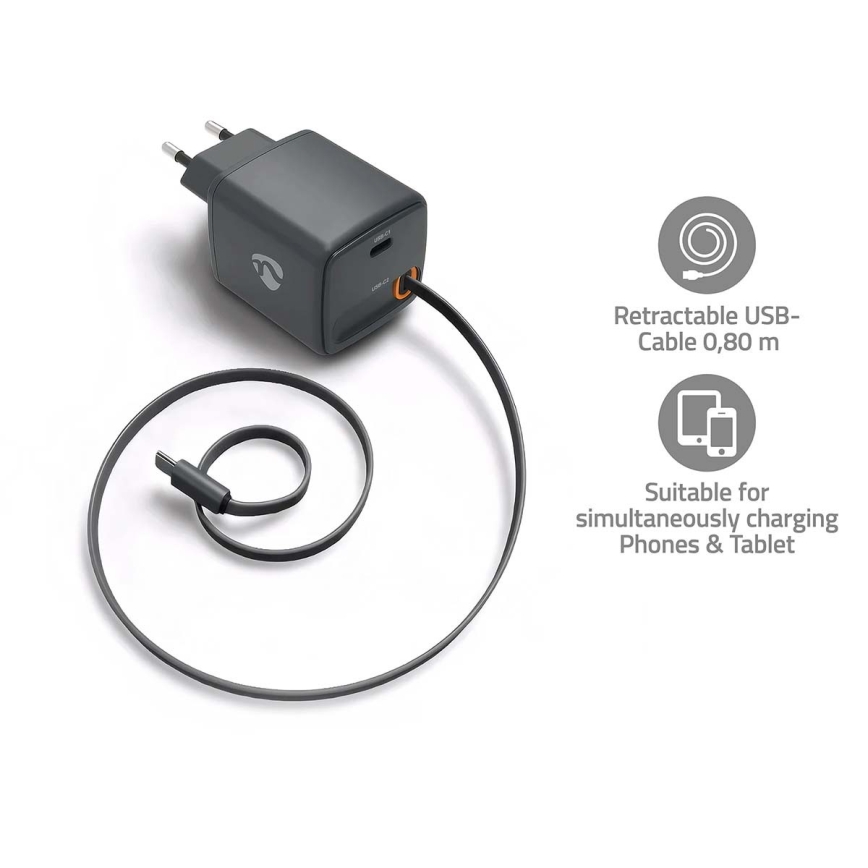 Punjač sa uvlačivim kablom Power Delivery 30W 2xUSB-C crne boje