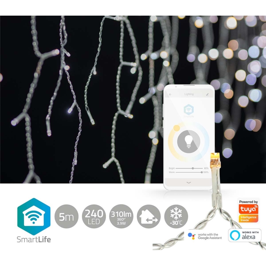 LED božićna zavesa 240xLED/11 funkcija, 8 m, IP65, Wi‑Fi (Tuya), od tople do hladne bele