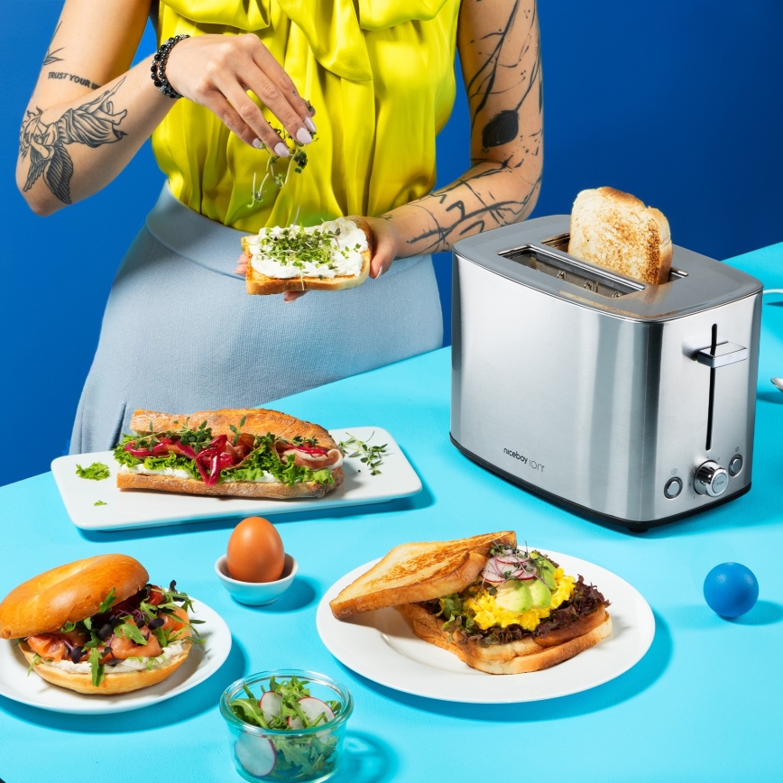 Niceboy ION Cruncher C4 - Toster sa dva utora i rešetkom za podgrevanje, 850 W/230 V, nerđajući čelik