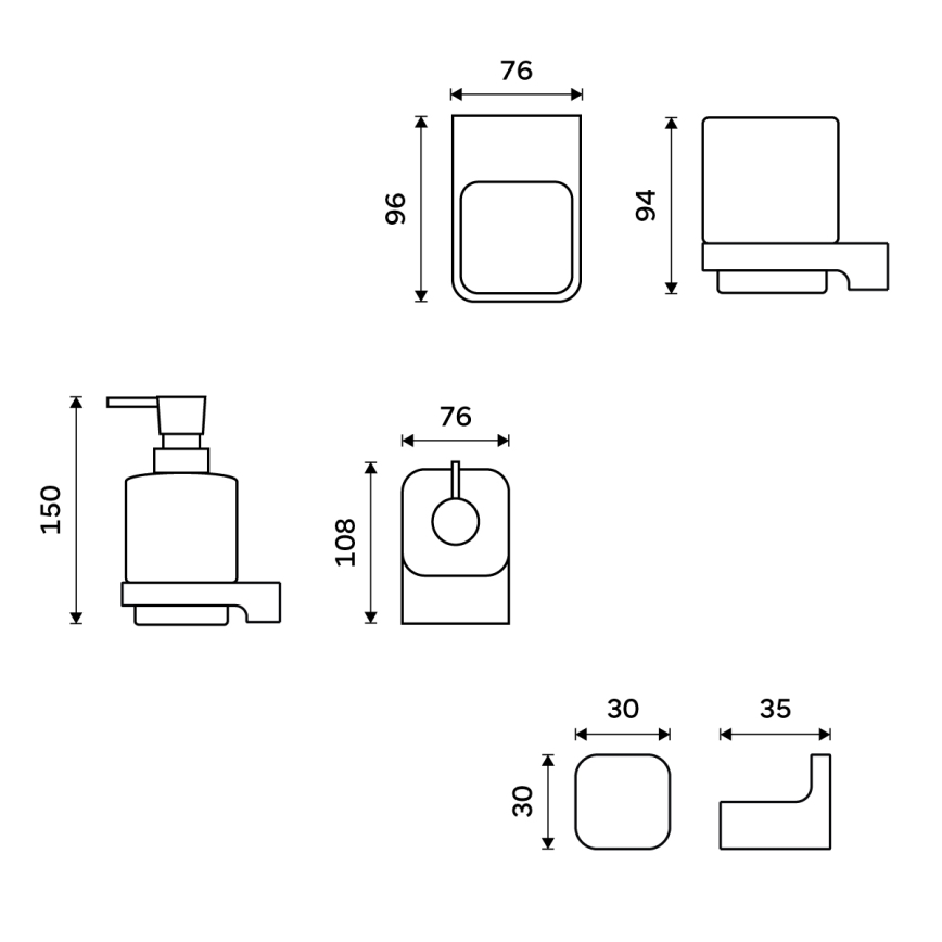 NIMCO MAC set-31K-T-90 - Zidni dozator sapuna, držač za četkice za zube i zidna kuka MAYA 320 ml bela/mat crna