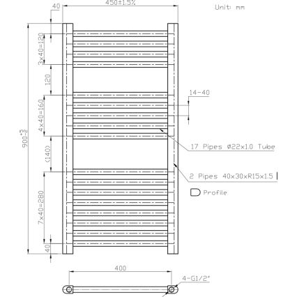 Novaservis - Kupaonski rebrasti radijator 365W/230V 90x45 cm beli ravan