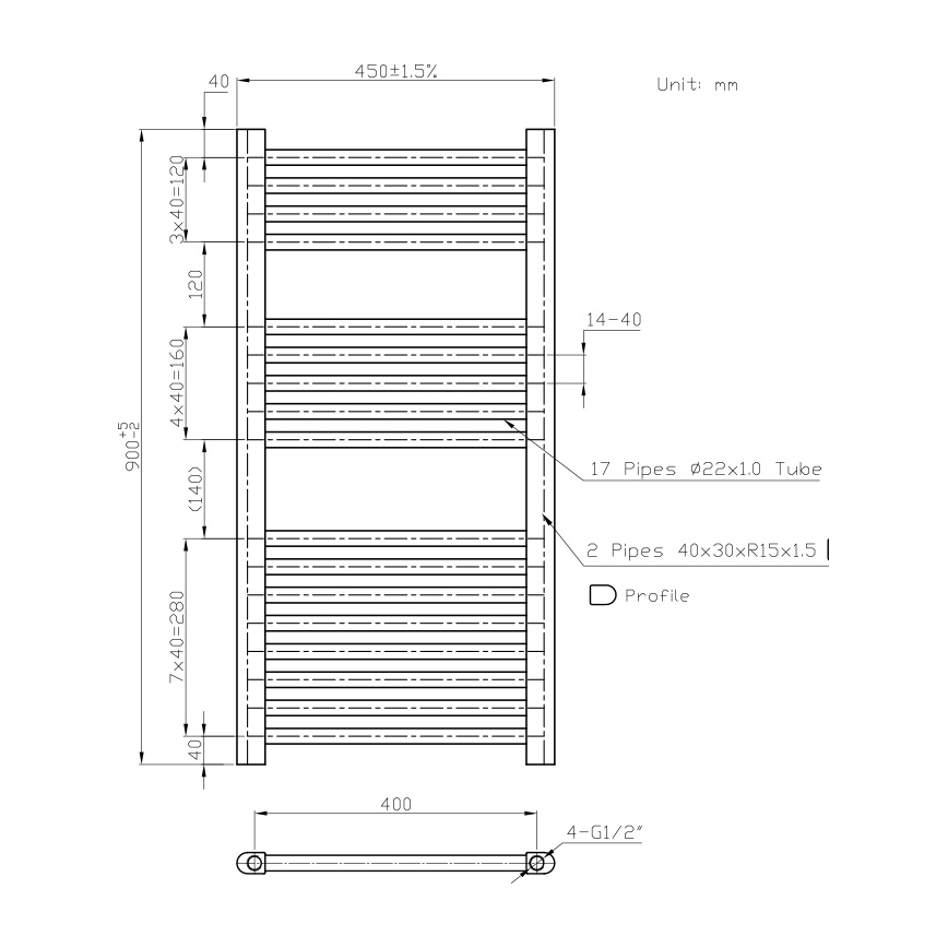 Novaservis - Kupaonski rebrasti radijator 365W/230V 90x45 cm beli ravan