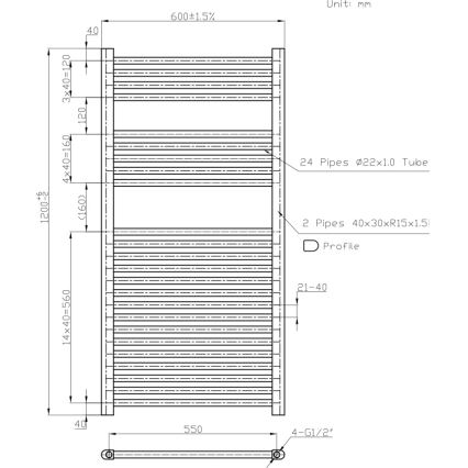 Novaservis - Kupatilski merdevinasti radijator 644W/230V 120x60 cm, beli, ravan