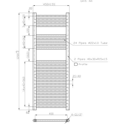 Novaservis - Kupatilski merdevinski radijator 490W/230V 120x45 cm, beli, ravan