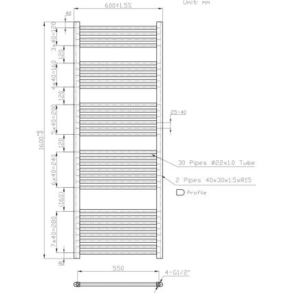 Novaservis - Kupatilski rebrasti radijator (peškirni) 836W/230V 160x60 cm beo ravan