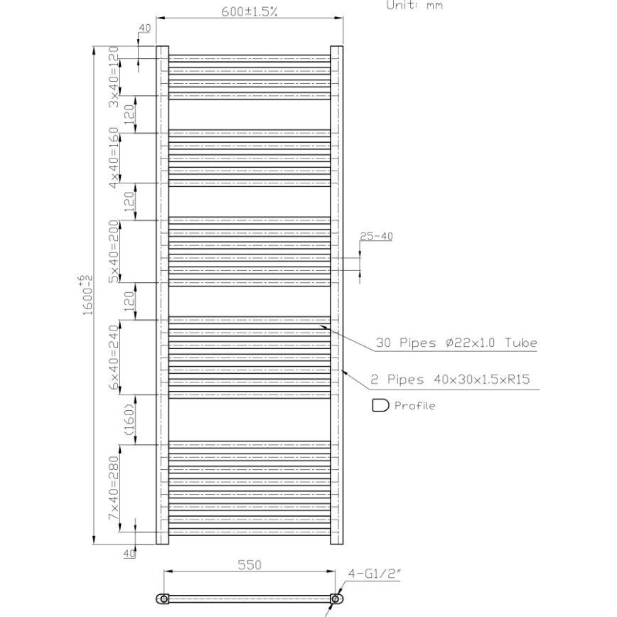 Novaservis - Kupatilski rebrasti radijator (peškirni) 836W/230V 160x60 cm beo ravan