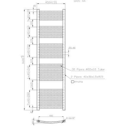 Novaservis - Merdevinski radijator za kupatilo 648W/230V 160x45 cm, beli, zaobljen