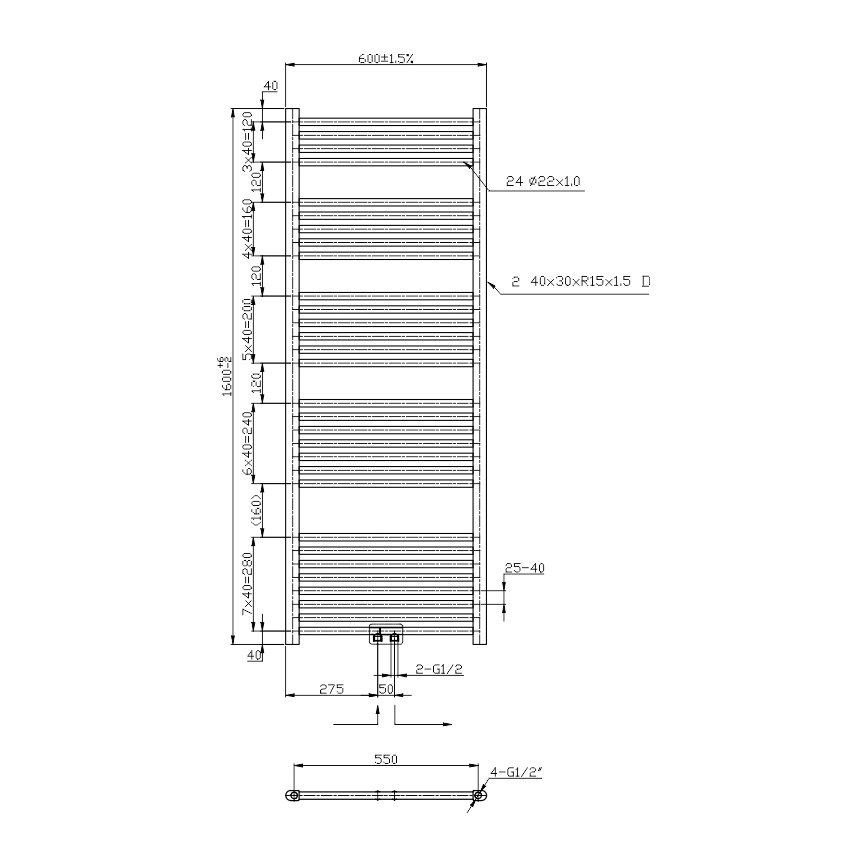 Novaservis - Peškirni radijator za kupatilo, ljestvasti, 836W/230V, 160x60 cm, crni, ravan