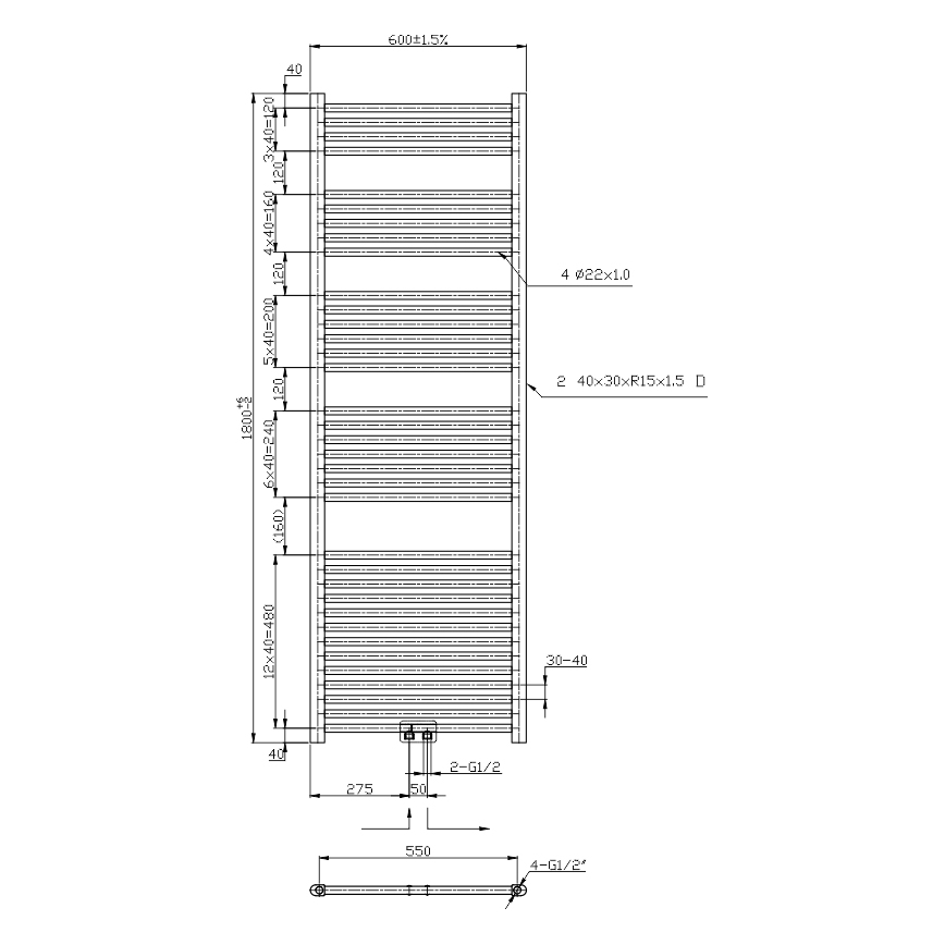 Novaservis - Peškirni ljestvičasti radijator 630W/230V 180x60 cm sjajni hrom ravan