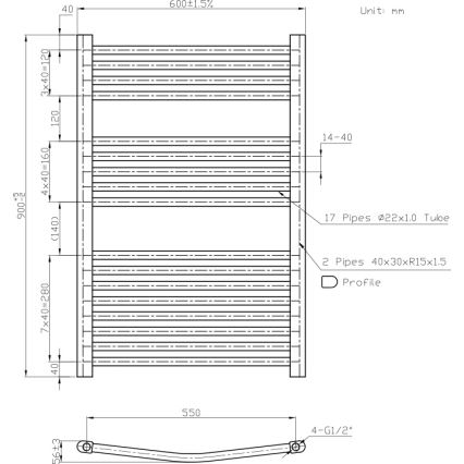 Novaservis - Rebrasti peškirni radijator za kupatilo 478W/230V 90x60 cm, beli, zaobljen