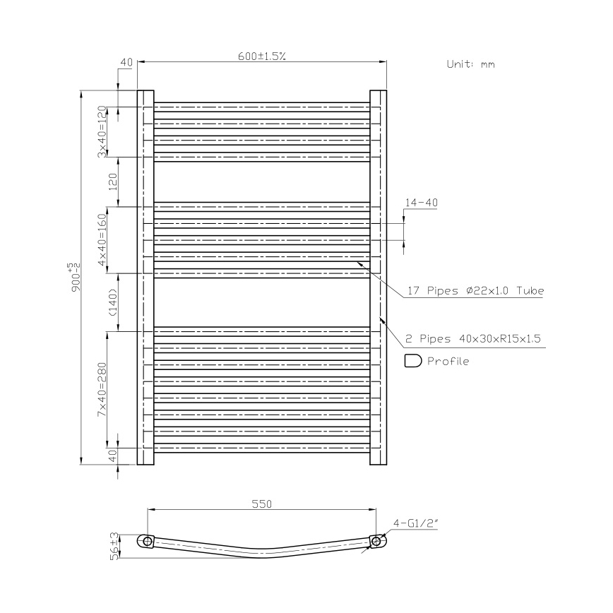Novaservis - Rebrasti peškirni radijator za kupatilo 478W/230V 90x60 cm, beli, zaobljen
