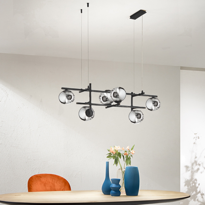 Ondaluce - Luster na sajli JEWEL 6xE14/10W/230V crna/zadimljeno staklo