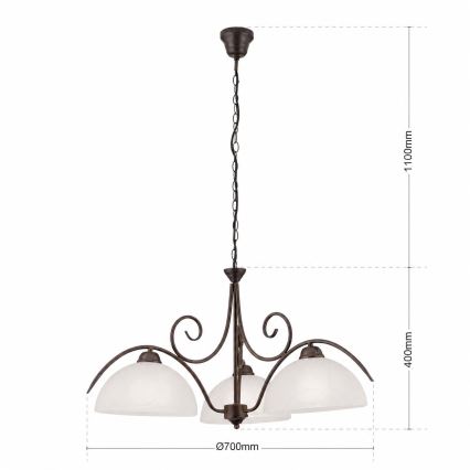 Luster na lancu RULA 3xE27/40W/230V, prečnik 70 cm, bela/bronza