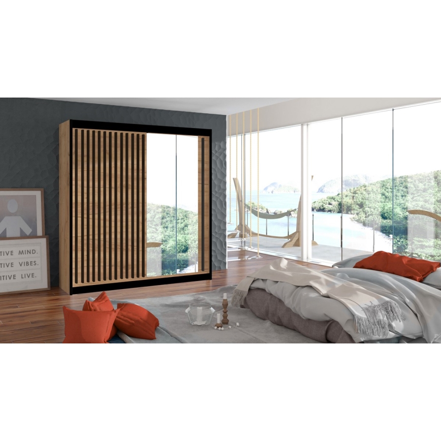 Ormar sa ogledalom SANTINO 203x215 cm hrast craft/crna