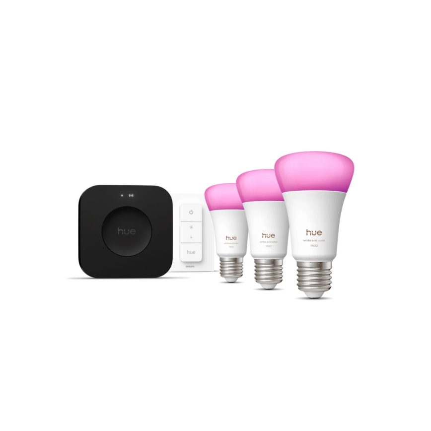 Početni paket Philips Hue WHITE AND COLOR AMBIANCE 3xE27/8,1W 1000-20000K + Hue bridge i prigušiva