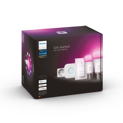 Početni paket Philips Hue WHITE AND COLOR AMBIANCE 2xE27/9W/230V 2200-6500K + pametna utičnica, Hue Bridge i prigušiva