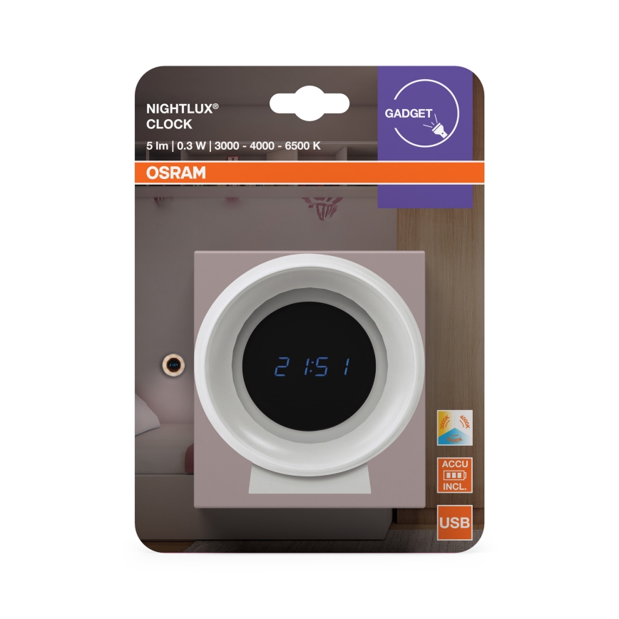 Osram - LED digitalni sat sa pozadinskim osvetljenjem NIGHTLUX LED/0,3W/5V 1000mAh 3000/4000/6500K bela