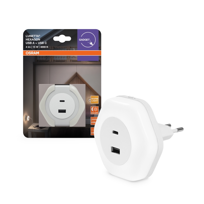 Osram - LED orijentaciono svetlo za utičnicu sa USB priključkom LUNETTA LED/15W/230V belo