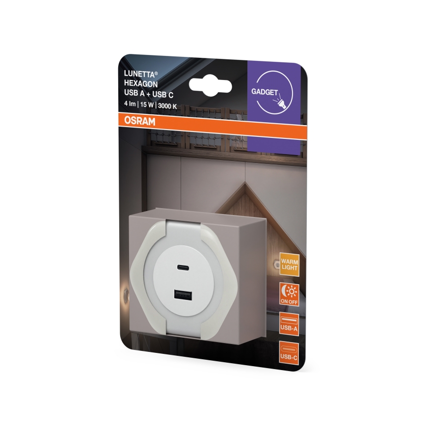 Osram - LED orijentaciono svetlo za utičnicu sa USB priključkom LUNETTA LED/15W/230V belo