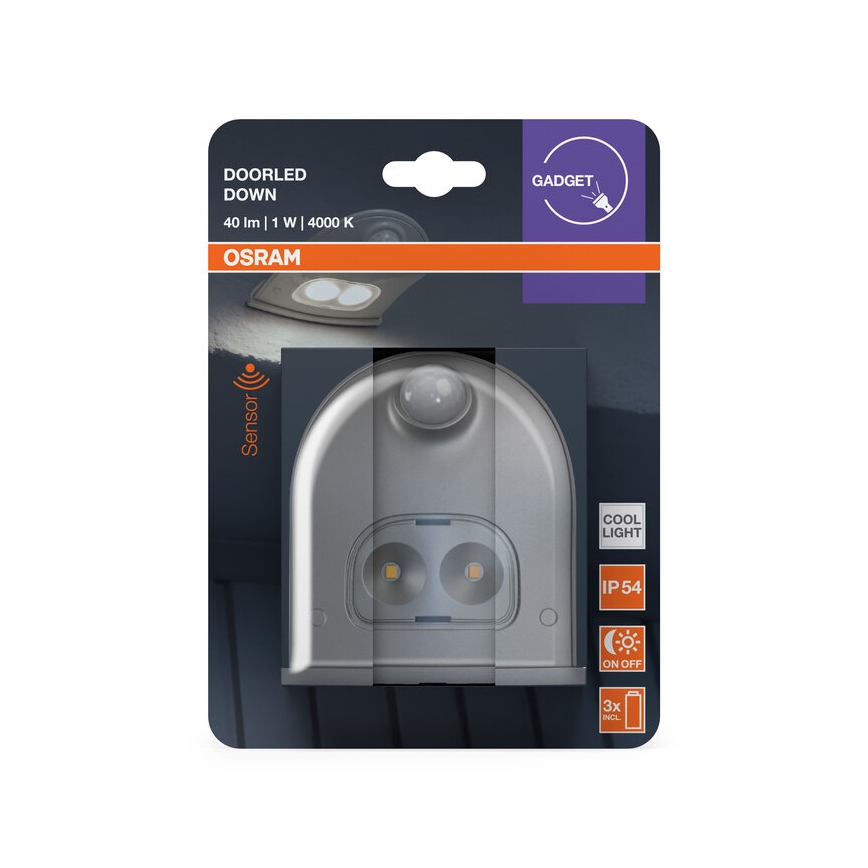 Osram - LED spoljašnje zidno svetlo sa senzorom DOORLED, LED/0,5W/3xAA, IP54, srebrna