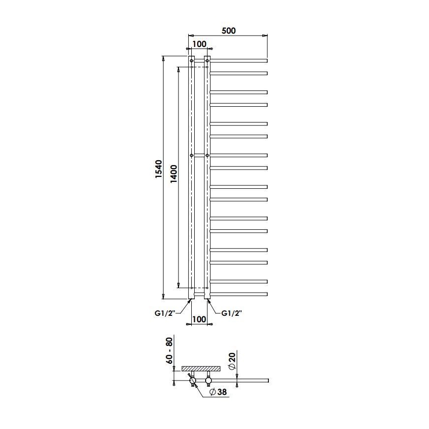 P.M.H. T2W-L - Rebrasti peškirni radijator THEIA 352W 154 cm levi/beli
