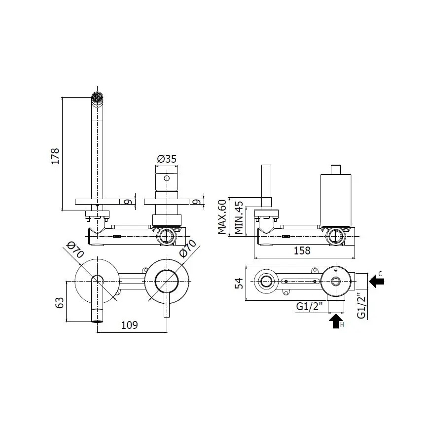 Paffoni - baterija za umivaonik za podžbuknu instalaciju LIGHT, brušeno zlato