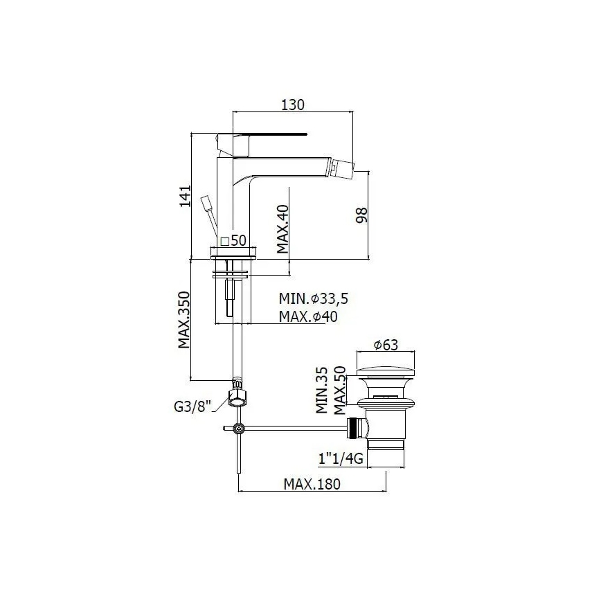 Paffoni - Bide baterija + odtok TANGO nerđajući čelik