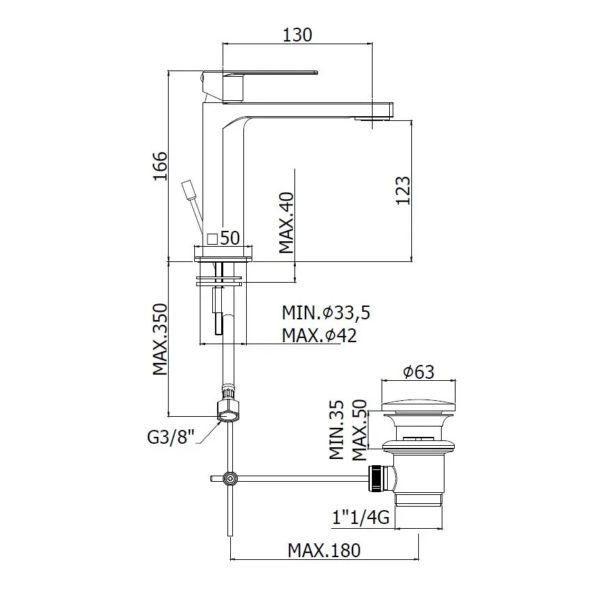 Paffoni - Slavina za umivaonik + klik-klak ventil TANGO nerđajući čelik