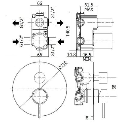 Paffoni - tuš baterija LIGHT za podžbuknu ugradnju, nerđajući čelik