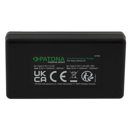 PATONA - Brzi dupli punjač za Nikon EN-EL15/EN-EL15C + USB-C kabl 0,6 m