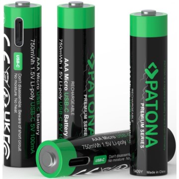 PATONA - komplet od 4 baterije AAA/LR03 litijum-polimer 500 mAh 1,5 V sa USB-C punjenjem