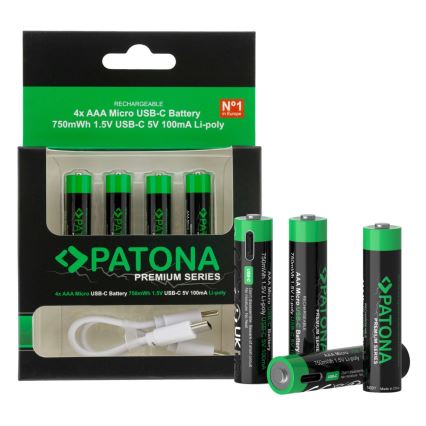 PATONA - komplet od 4 baterije AAA/LR03 litijum-polimer 500 mAh 1,5 V sa USB-C punjenjem