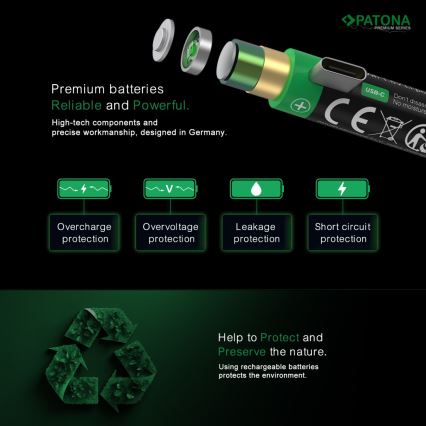 PATONA - SET 4x baterije AA/LR6 Li-Pol 2000mAh 1,5Vs sa USB-C punjenjem