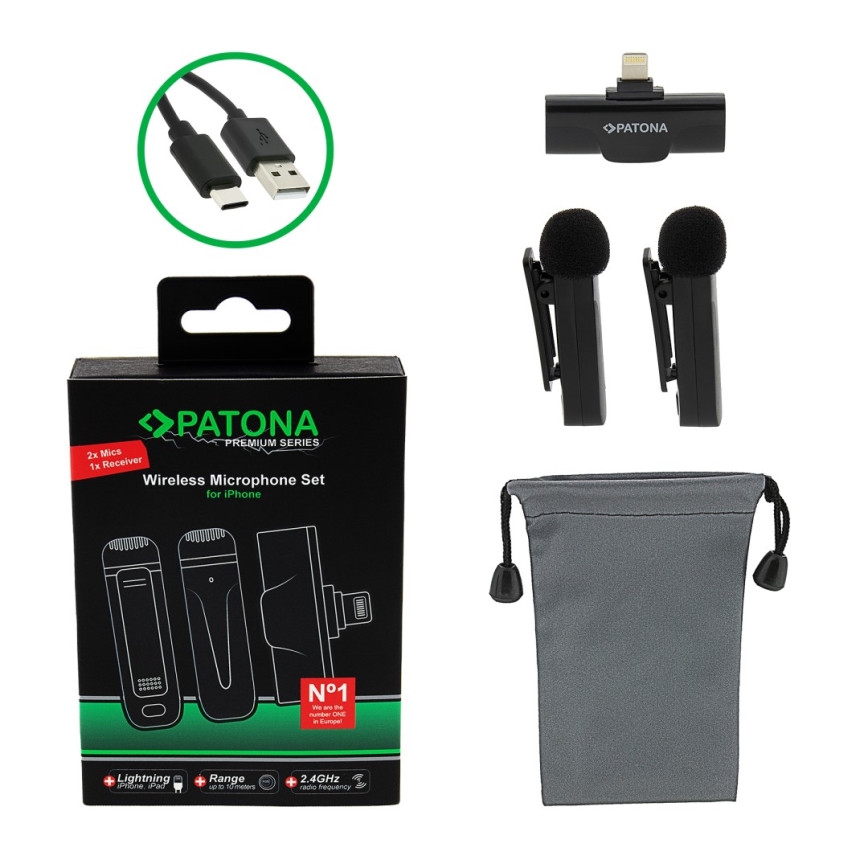PATONA - SET 2x bežični mikrofon sa kopčom za iPhone USB-C 5V 50 mAh