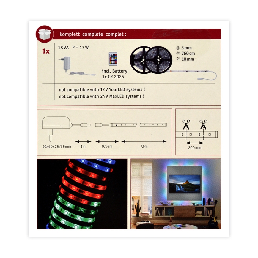 Paulmann 70514 - LED RGB/15W prigušiva traka SIMPLED 7,5m 230V + daljinski upravljač