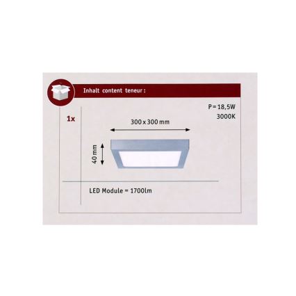 Paulmann 70650 - LED/17W Plafonsko svetlo LUNAR 230V 30x30 cm mat hrom