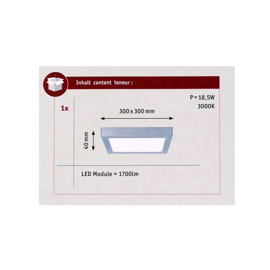 Paulmann 70650 - LED/17W Plafonsko svetlo LUNAR 230V 30x30 cm mat hrom