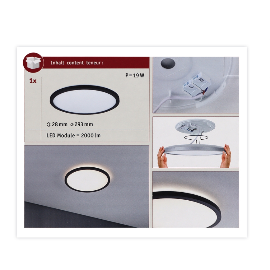 Paulmann 70998 - LED/16W nadgradni plafonski panel ATRIA 230V 3000K prečnik 29,3 cm crni