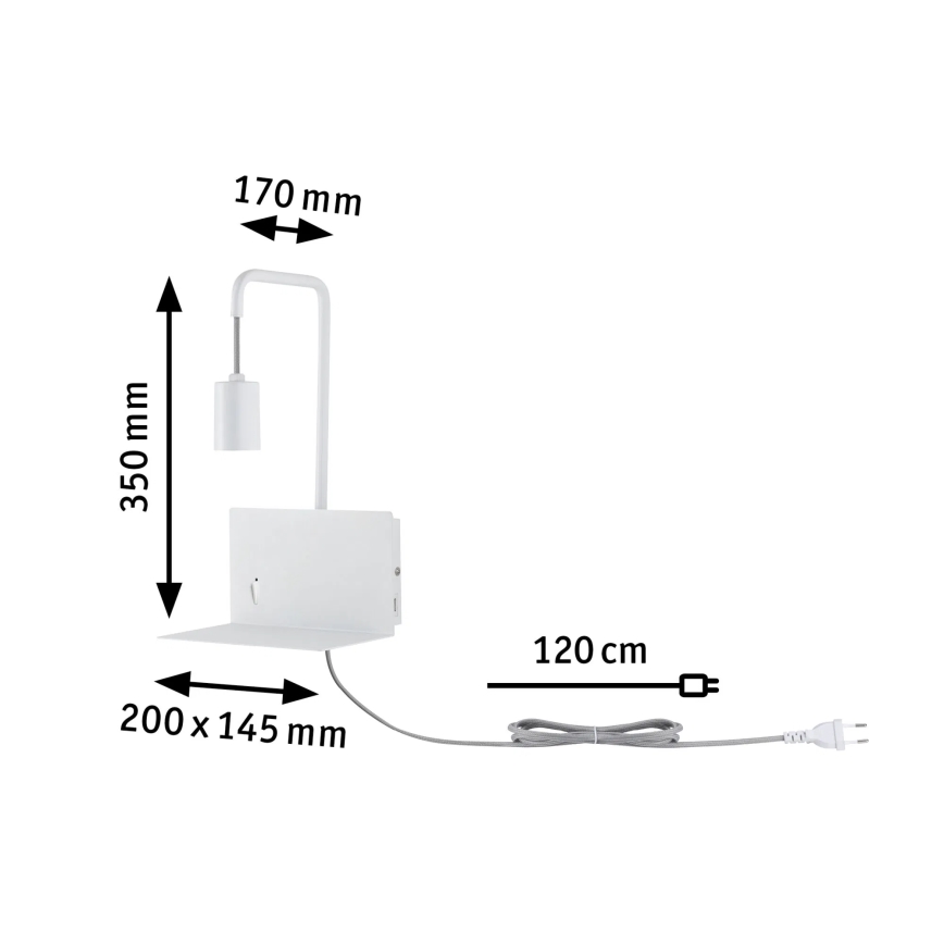 Paulmann 79812 - 1xE27/40W Zidno svetlo sa policom i USB CALVANI 230V belo
