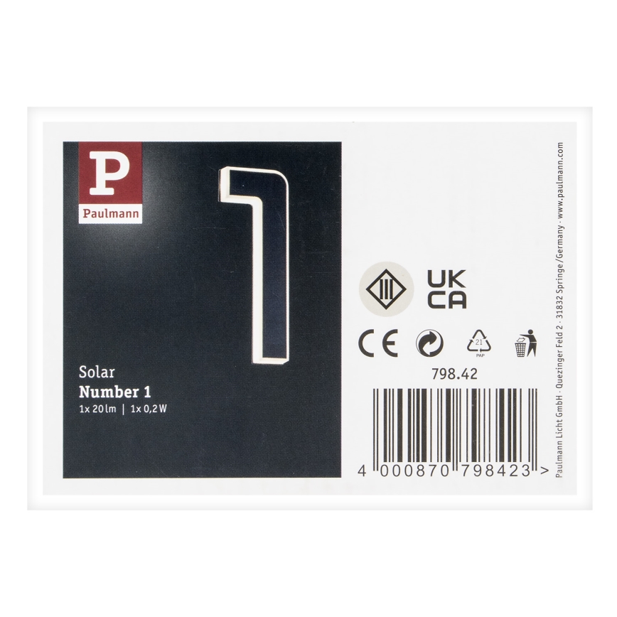 Paulmann 79842 - LED/0,2W IP44 Solarno svetlo za kućni broj 1,2V 1500 mAh
