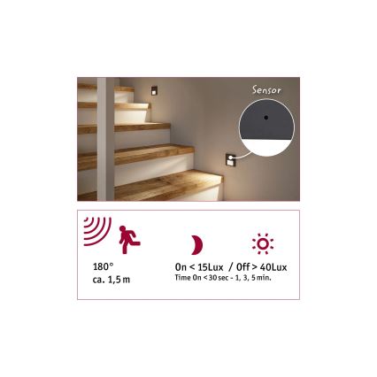 Paulmann 80002 - LED/1W Svetlo za stepenište sa senzorom TSARO 230V Lead/bela